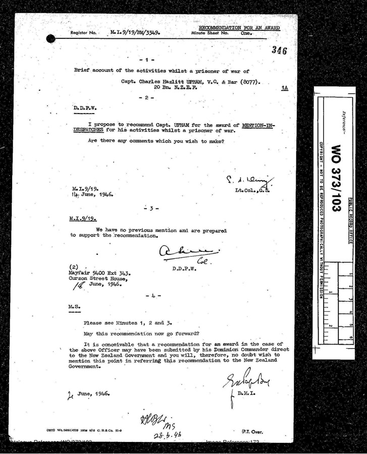 Captain Charles Upham mentioned in despatches recommendation