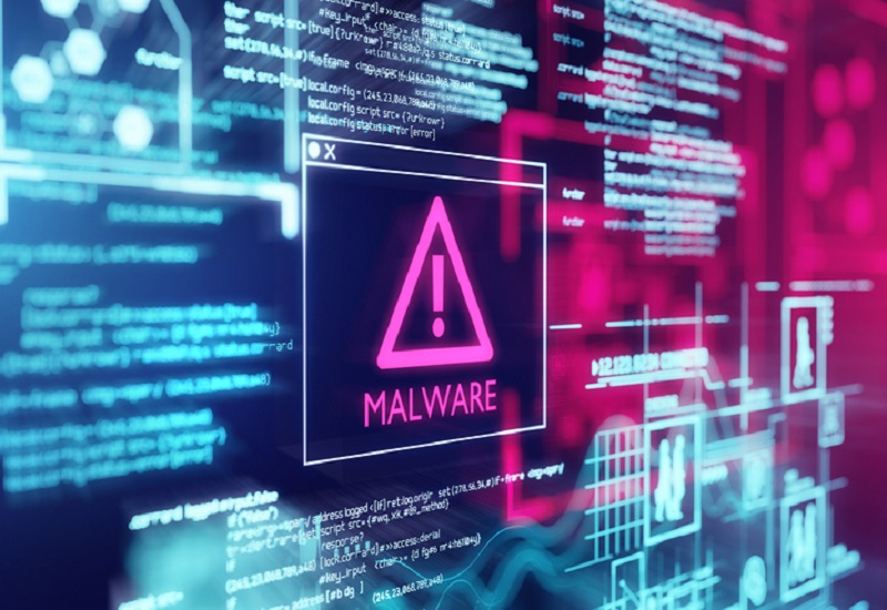 Abstract computer screen with warning sign and malware