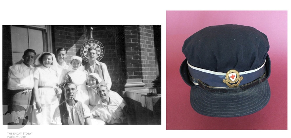 Left, Nurse Dorothy Hansell and colleagues with wounded soldiers who were recovering at Queen Alexandra Hospital, Portsmouth. Right, Dorothy Hansell?s Voluntary Aid Detachment (VAD) cap