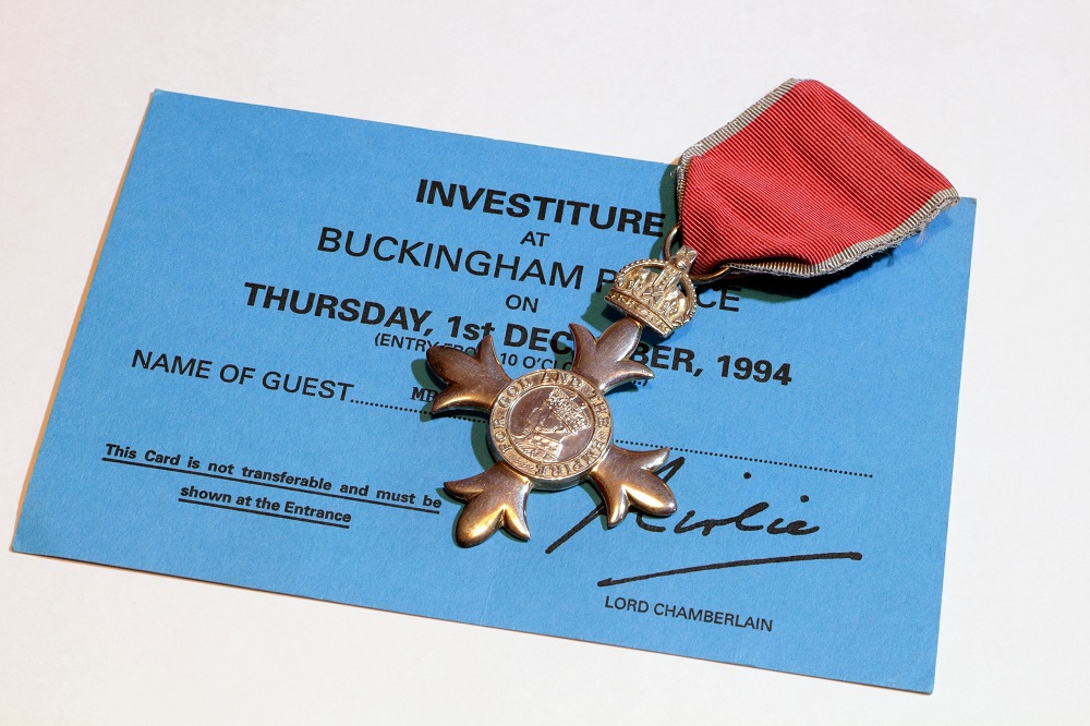Investiture at Buckingham Palace invitation, and MBE medal