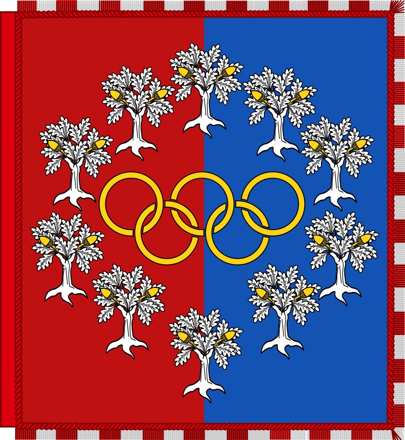Image of Mary Peters's Garter banner flag with Olympic rings